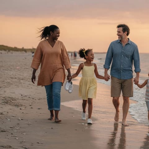 A diverse family walking together along a calm beach at golden hour