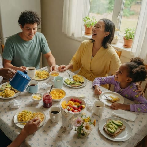 A diverse family sharing a cheerful breakfast around a sunlit table together